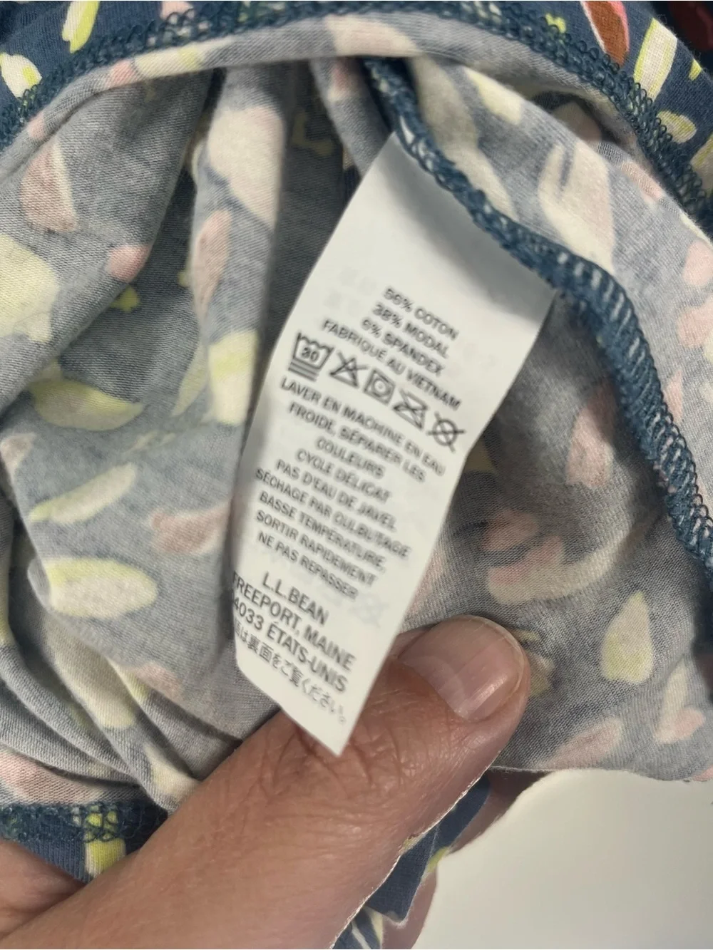 L.L. Bean Navy V-Neck Cap-Sleeve Top with Pink and Lime Leaf Print